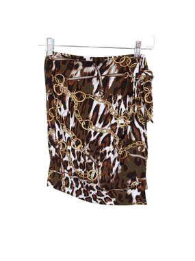 4/$25 CACHE Size 2 Brown Gold Chain Equestrian Faux Wrap Knit Pull On Skirt